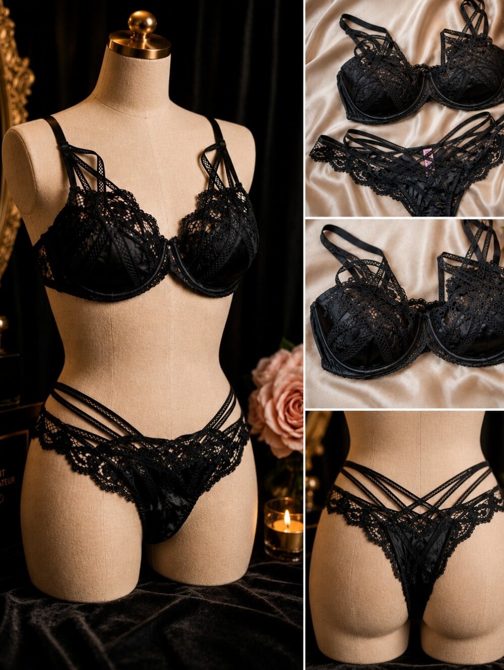Rare Agent Provocateur Black Silk Lace Cage Bra & Thong Lingerie Set